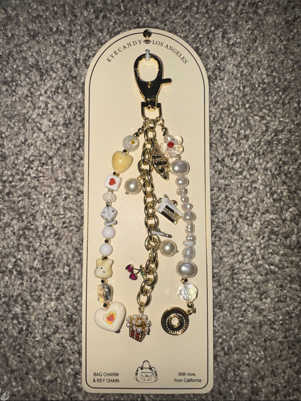 EyeCandy Gold & Pearl Beaded Bag Charm Keychain NWT